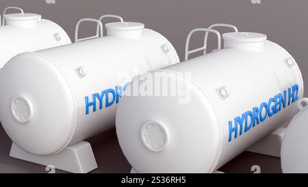 Rendering 3d di un serbatoio cilindrico etichettato "IDROGENO H2" con caratteri blu. Il serbatoio serve per immagazzinare gas idrogeno. Foto Stock