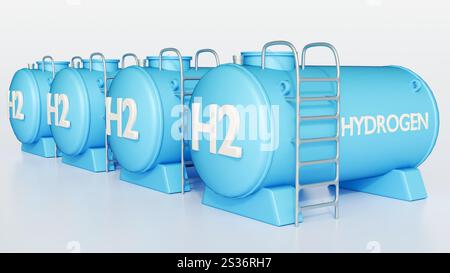 Rendering 3d di un serbatoio cilindrico etichettato "IDROGENO H2" con caratteri blu. Il serbatoio serve per immagazzinare gas idrogeno. Foto Stock