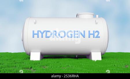 Rendering 3d di un serbatoio cilindrico etichettato "IDROGENO H2" con caratteri blu. Il serbatoio serve per immagazzinare gas idrogeno. Foto Stock
