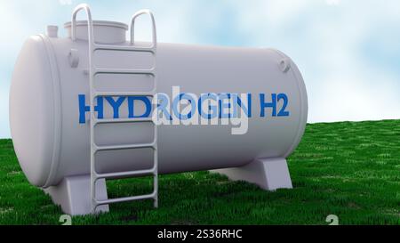 Rendering 3d di un serbatoio cilindrico etichettato "IDROGENO H2" con caratteri blu. Il serbatoio serve per immagazzinare gas idrogeno. Foto Stock