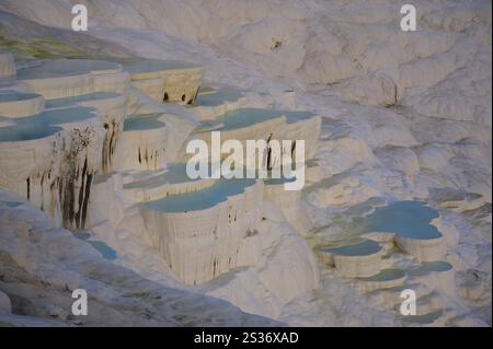 Terrazze sinter di Pamukkale al tramonto Foto Stock