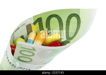 Tavolette e banconote da cento euro foto simbolica: Costi per la medicina e i farmaci dell'industria farmaceutica Foto Stock