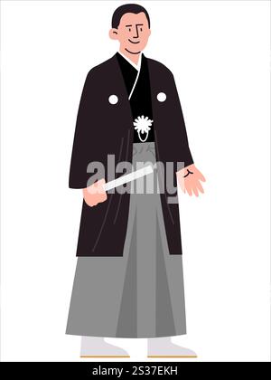 Black Montsuki Sendaihira haori hakama abito tradizionale giapponese uniforme abbigliamento tradizione giapponese abiti patrimonio culturale sensu fan design colorato Illustrazione Vettoriale