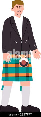 Scozia abbigliamento tradizionale uomo scozzese che indossa abiti da gonna Kilt patrimonio culturale tradizione gente europea volto sorridente colorato design del carattere Illustrazione Vettoriale