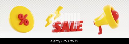 Elementi buoni sconto 3D: Cerchio giallo con segno percentuale rosso, testo evidenziato da fulmini, altoparlante megafono. Design promozionale marketing per vendite flash e offerte speciali per e-commerce. Illustrazione Vettoriale
