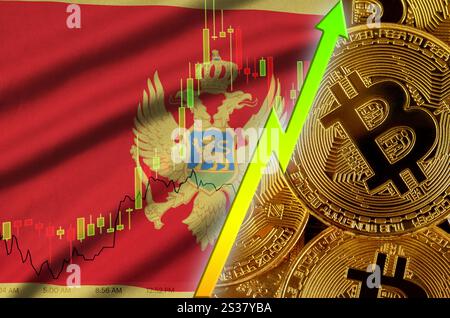 Bandiera del Montenegro e cryptocurrency trend in crescita con molti golden bitcoins. Concetto di alzare Bitcoin nel prezzo o alta conversione in cryptocurrency Foto Stock