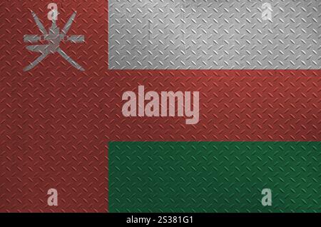 Bandiera dell'Oman raffigurata con colori di vernice su una vecchia piastra di metallo spazzolato o su una parete in primo piano. Striscione testurizzato su sfondo ruvido. Bandiera dell'Oman raffigurata in vernice Foto Stock
