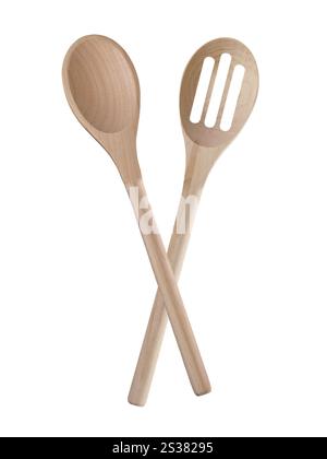 Utensili da cucina in legno isolati su sfondo bianco. Utensili da cucina in legno Foto Stock