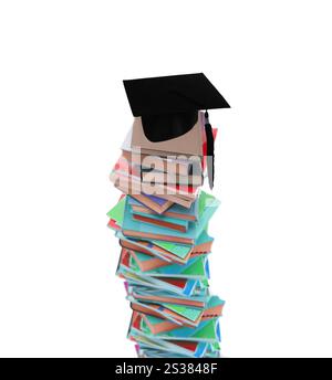 Cappello da studente su libri isolati su sfondo bianco. Cappello da studente sui libri Foto Stock