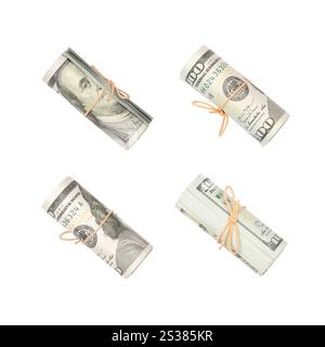 Diversi pacchetti di dollari USA isolati su sfondo bianco. Composizione minimalista e concetto di business. Diversi pacchetti di dollari USA isolati su Foto Stock
