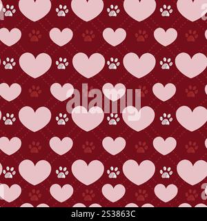 Cuori rosa a quadri con graziose impronte di zampe. Design in tessuto senza cuciture Illustrazione Vettoriale
