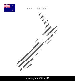 Mappa della nuova Zelanda dal modello di linee parallele inclinate nere. Illustrazione vettoriale piatta isolata su bianco Illustrazione Vettoriale