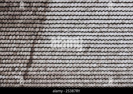 Struttura di fondo con tegole in legno grigio. Un primo piano di un vecchio tetto grigio ricoperto di piastrelle di legno o di tegole. Sfondo con tegole in legno grigio Foto Stock