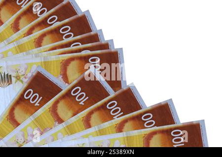 100 le nuove bollette israeliane di Shekels giace isolate su sfondo bianco con spazio di copia accatastato in primo piano del ventilatore. Concetto di tempo di paga o operazioni finanziarie Foto Stock