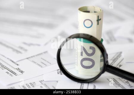 Soldi zloty polacchi e lente d'ingrandimento su una grande quantità di moduli fiscali polacchi da vicino. La contabilità, la burocrazia e la routine dei contribuenti in Polonia. Polacco Foto Stock