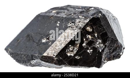 primo piano di un campione di pietra naturale proveniente dalla raccolta geologica - melanite grezza andradite cristallo di granato nero isolato su sfondo bianco da Foto Stock