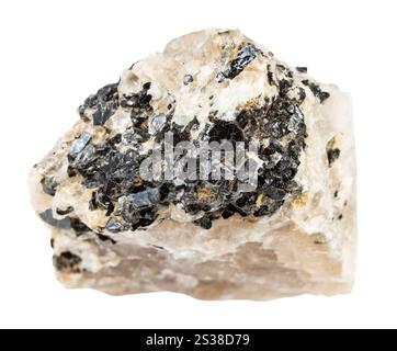 Primo piano di un campione di pietra naturale proveniente dalla raccolta geologica - anite mica su minerale di criolite non lucidato isolato su sfondo bianco proveniente dall'est Foto Stock