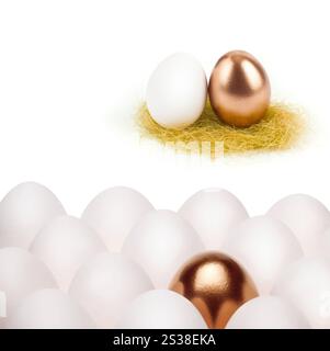 un uovo d'oro desta tra le comuni uova bianche. oro con uova bianche Foto Stock