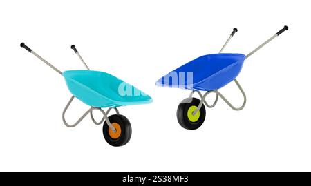 carriola, carrello per calcestruzzo vuoto isolato su sfondo bianco. carriola ruota, carrello per calcestruzzo vuoto Foto Stock