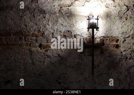 Torcia del castello medievale illuminata appesa su un muro di pietra, oggetti d'epoca e sfondo. Torcia medievale illuminata appesa su un muro di pietra, vintage Foto Stock