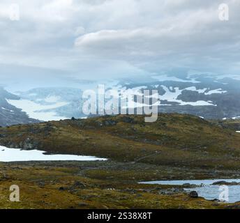 Nebbia fitta e estate paesaggio montano con lago e neve (Norvegia, non lontano Nigardsbreen glacier). Foto Stock