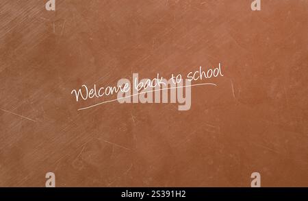 Bentornato a scuola scritto su lavagna isolata su sfondo bianco. Bentornato a scuola scritto sulla lavagna Foto Stock