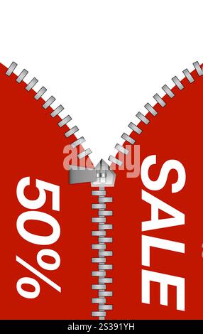 Chiusura lampo che rivela uno sconto per la vendita isolato su sfondo bianco. Chiusura lampo che rivela uno sconto per la vendita Foto Stock