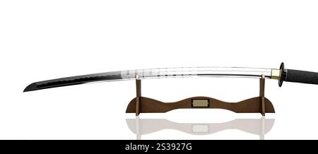 Spada samurai su una tribuna isolata su sfondo bianco. Spada samurai in piedi Foto Stock