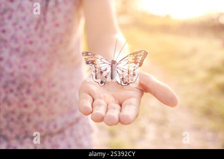 la persona tiene delicatamente una farfalla sulla mano Foto Stock
