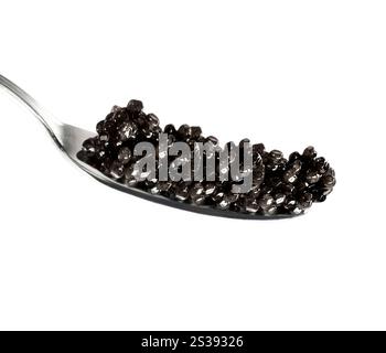 Il caviale nero in cucchiaio su sfondo bianco Foto Stock