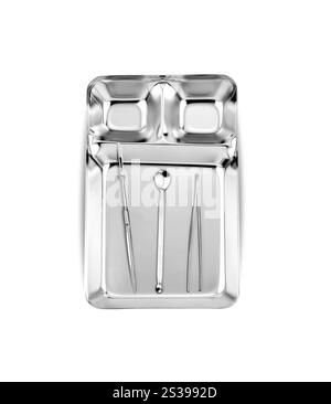 Strumenti medici in un vassoio di acciaio isolato su sfondo bianco. Strumenti medici in un vassoio di acciaio Foto Stock