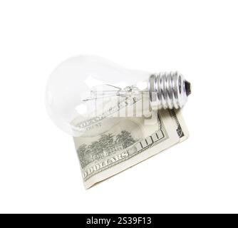 bilb luminoso con dollari isolati su sfondo bianco. bilb leggero con dollari Foto Stock