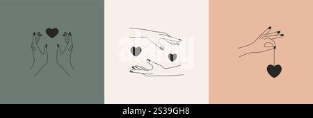 Design del logo lineare astratto. Le mani di boho dal design minimalista cuori simboli per i prodotti di bellezza alla moda. Illustrazione vettoriale Illustrazione Vettoriale