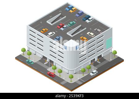 Illustrazione di un edificio a più piani in stile isometrico. Presenta vari piani di parcheggio organizzato con auto e dintorni urbani Illustrazione Vettoriale