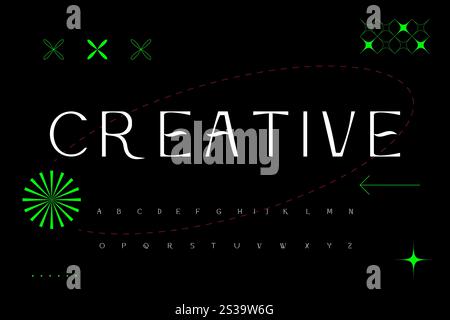 Font digitale moderno. Alfabeto geometrico stile brutalismo astratto, tipefase dinamica per logo, illustrazione vettoriale Illustrazione Vettoriale