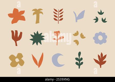 Doodle fiori botanici astratti. Set disegnato a mano di varie icone geometriche delle lamelle, illustrazione vettoriale contemporanea Illustrazione Vettoriale