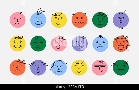 Icone astratte del sorriso. Avatar di emoji rotondi cartoni animati, set di personaggi emoticon, divertenti elementi vettoriali isolati Illustrazione Vettoriale