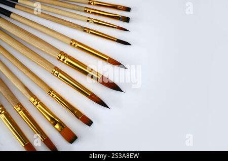 Una selezione di pennelli arancioni con dimensioni diverse su una superficie bianca, strumenti artistici di sfondo per la pittura del volto. Una selezione di pennelli arancioni con Foto Stock