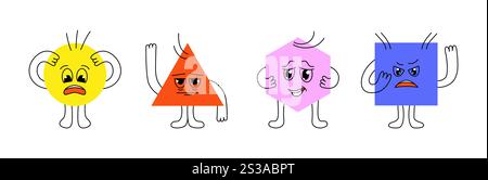 Caratteri geometrici doodle. Cartoni animati astratti divertenti figure divertenti circolari triangolari quadrati forme esagonali. Gruppo vettoriale Illustrazione Vettoriale