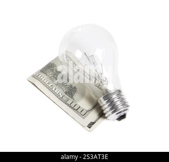 bilb luminoso con dollari isolati su sfondo bianco. bilb leggero con dollari Foto Stock