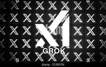 Logo Grok, design Visual Logo 3D - X Corp Azienda tecnologica. Foto Stock
