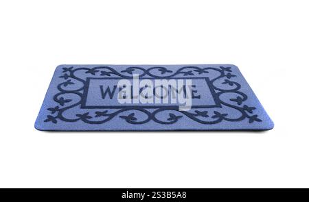 Foto di un tappeto di benvenuto isolato su uno sfondo bianco. tappetino della portiera di benvenuto isolato Foto Stock