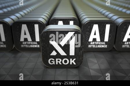 Logo Grok, design Visual Logo 3D - X Corp Azienda tecnologica. Foto Stock