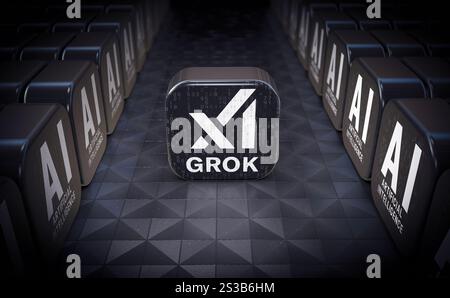Logo Grok, design Visual Logo 3D - X Corp Azienda tecnologica. Foto Stock