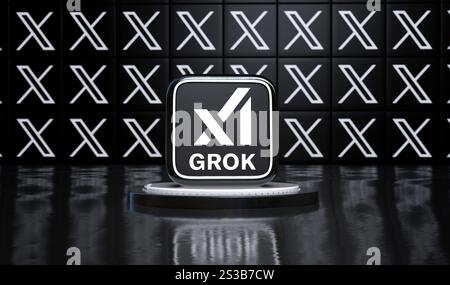 Logo Grok, design Visual Logo 3D - X Corp Azienda tecnologica. Foto Stock