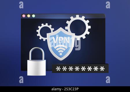 Scudo argentato contrassegnato con il simbolo di WIFI e la parola VPN, lucchetto, ingranaggi e casella di testo per l'immissione della password posta davanti alla finestra dell'applicazione del computer Foto Stock