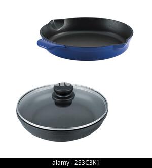 padelle nere e blu isolate su bianco Foto Stock