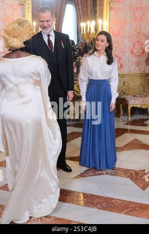 Madrid, Spagna. 9 gennaio 2025. Re spagnolo Felipe vi e Letizia durante il ricevimento per i corpi diplomatici presso il Palazzo reale giovedì 9 gennaio 2024. Crediti: CORDON PRESS/Alamy Live News Foto Stock