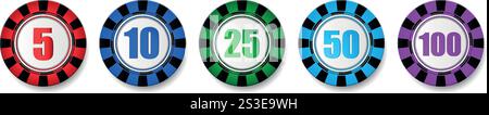 Set di chip realistici per casinò con numeri. Illustrazione Vettoriale