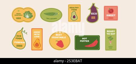Etichette colorate per alimenti ecologici: Adesivi per prodotti freschi, sani e sostenibili. Illustrazione Vettoriale